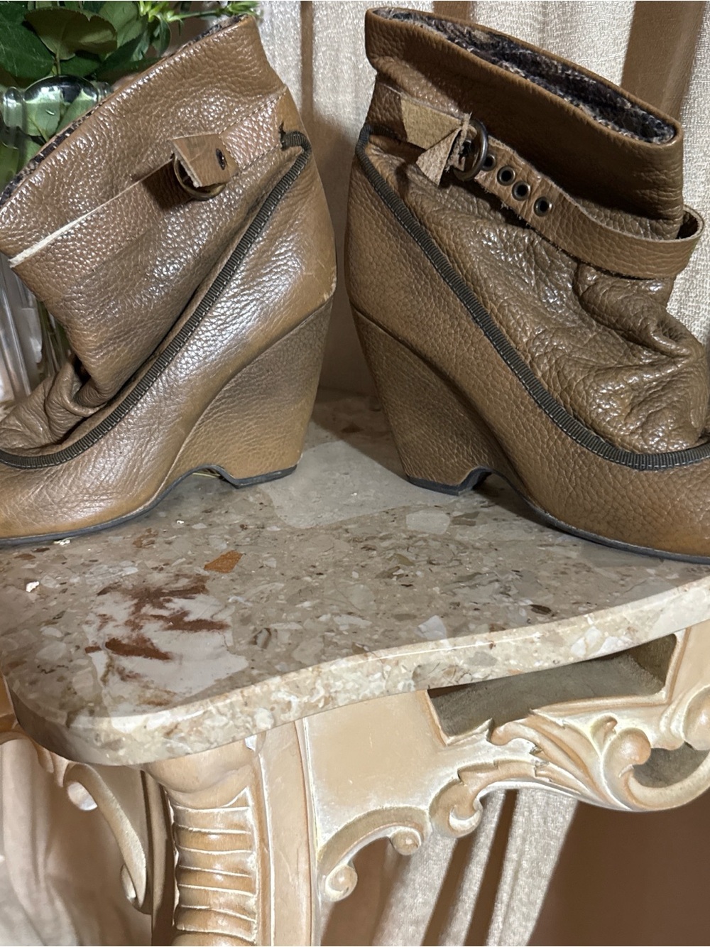 Women’s Brown Wedge Ankle Booties with Buckle Detail